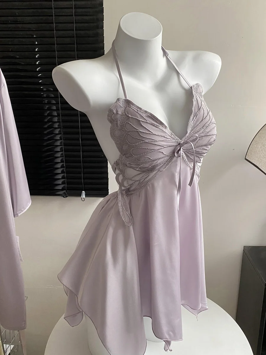 Chemise Women Gown Sleepdress Sexy Lace Nighty Robe Spaghetti Strap Sleepwear Summer Silk Satin Nightdress Loungewear Side Bow