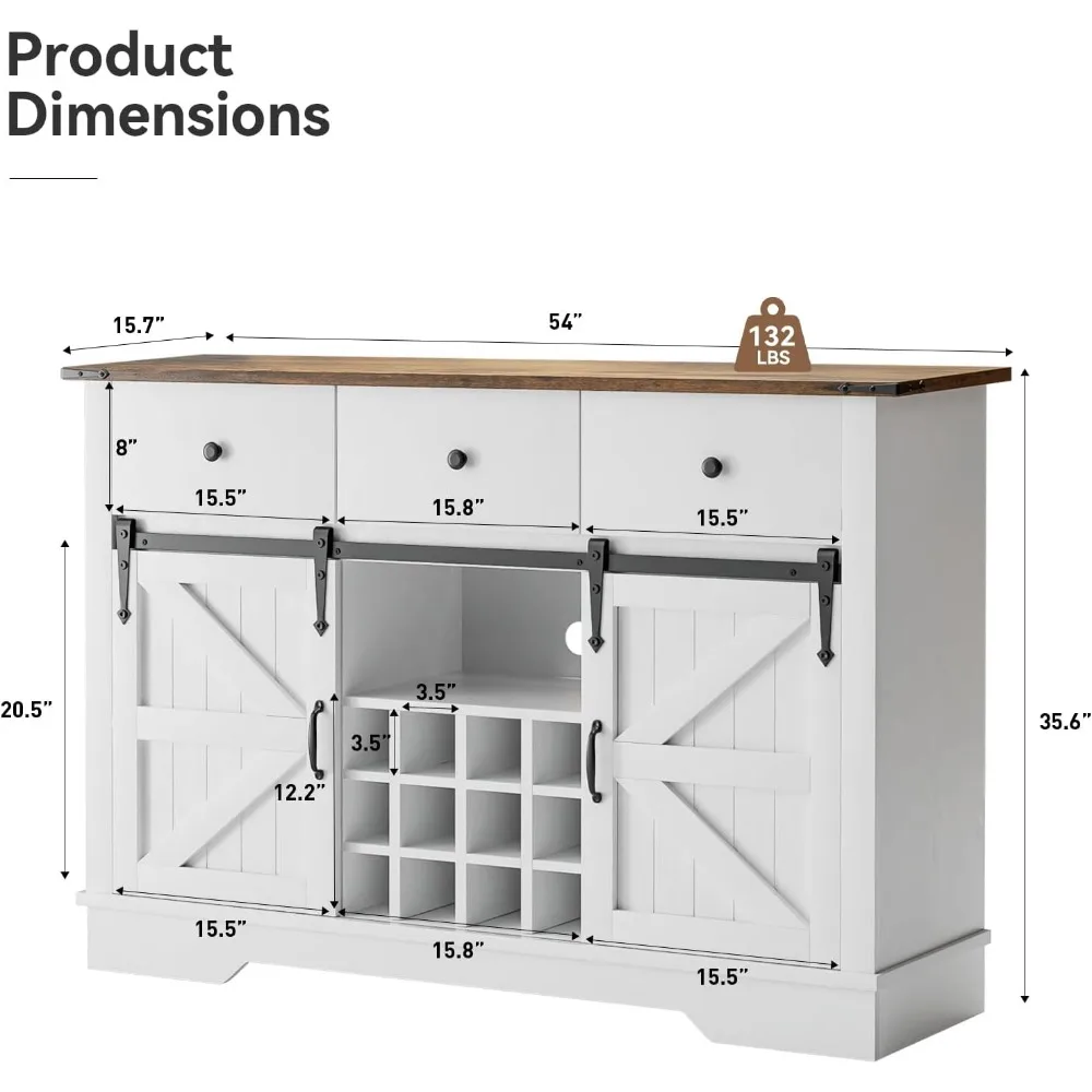 Buffetschrank met opbergruimte, 54-inch dressoir met 3 laden, schuifdeuren, verstelbare opbergplanken, wijnkasten