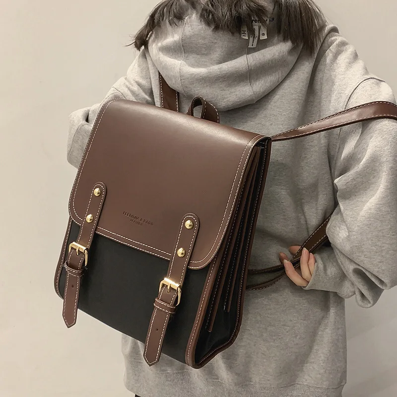 College Style Vintage Fashion JK Student PU School Travel Women Backpack All-match Simple Large Capacity Brown Uniform Schoolbag