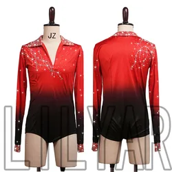 New Latin Dance Men's Performance Competition Performs Adult Red and Black Gradient Long sleeved Sparkling Diamond jumpsuit