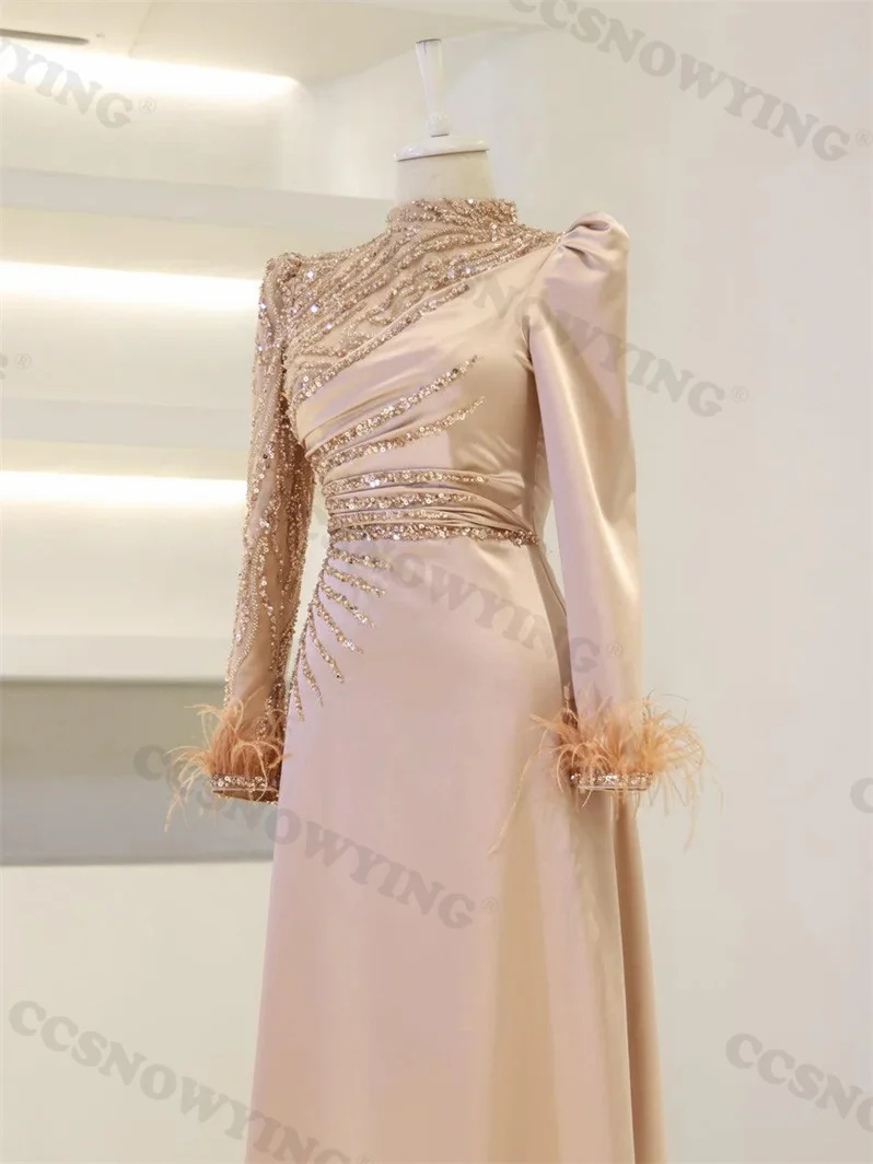 Satin Beaded Feather Muslim Hijab Evening Dresses Arabic Dubai Long Sleeve Formal Party Gown Women A Line Moroccan Caftan