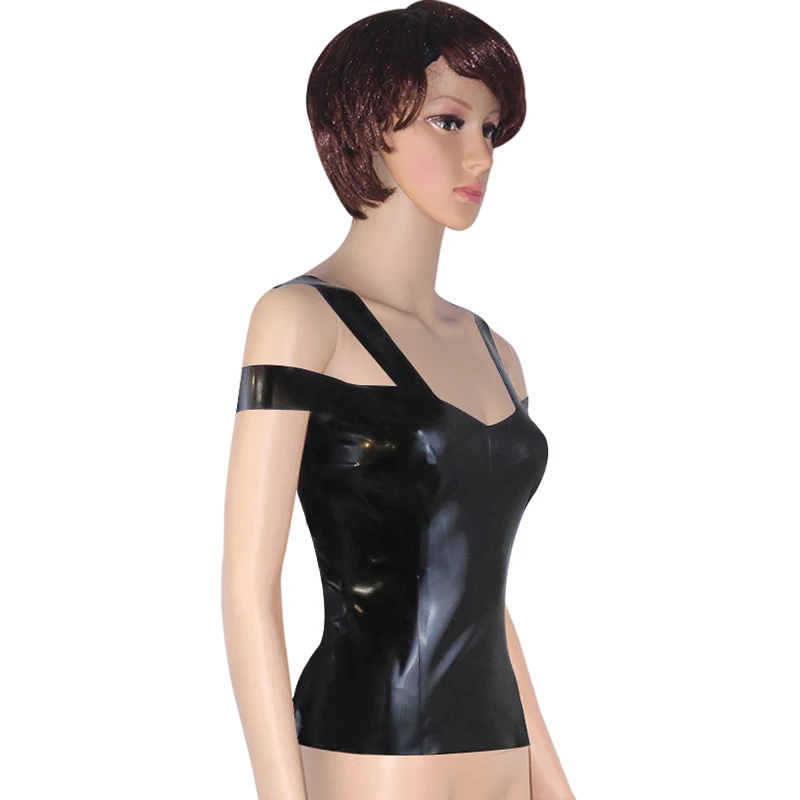 

Black Sleeveless Sexy Latex Shirt With Shoulder Straps Rubber Top Clothing YF-0365