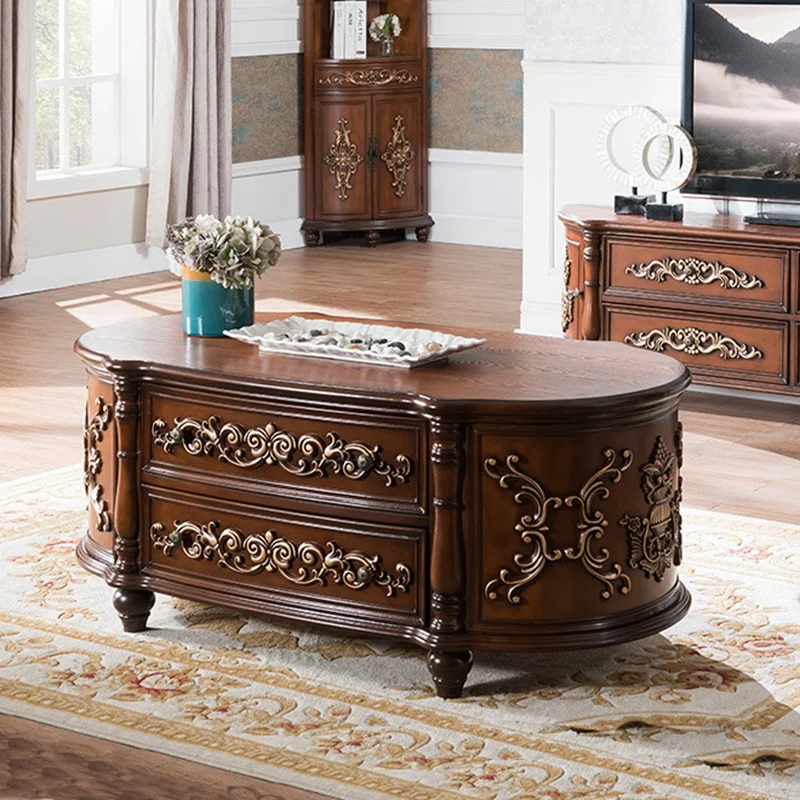 

European coffee table oval solid wood American TV cabinet floor cabinet retro painted engraving 1.2 meters 1.4 meters living roo