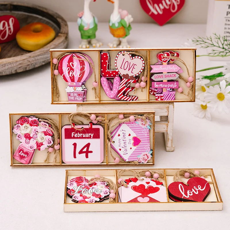 9pcs Valentine Hangings Wood Holiday Decoration Love Flower Valentine Ornaments Valentine's Day Decorative Love Envelope Pendant