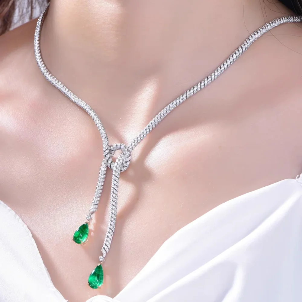 

KQDANCE Luxury Solid 925 Silver with Double WaterDrop Synthetic Green Emerald Gem Stone Necklaces For Women Fine Jewelry