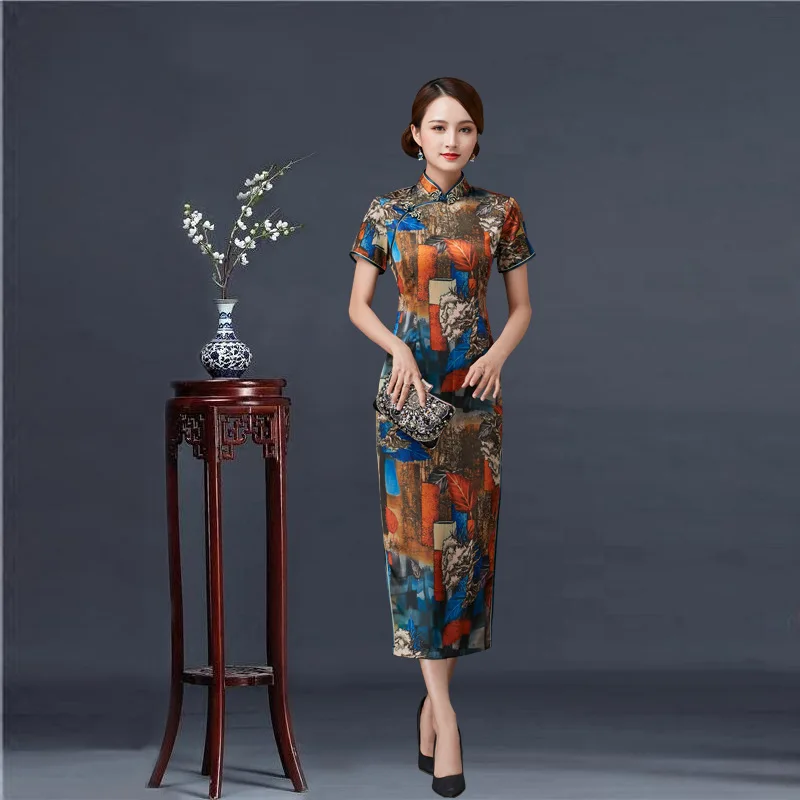 Frauen Cheongsam Neuheit Druck Lange Qipao Klassische Plus Größe 3Xl 4Xl 5Xl 6Xl Chinesischen Traditionellen Kleid Sexy Schlank Split Vestidos