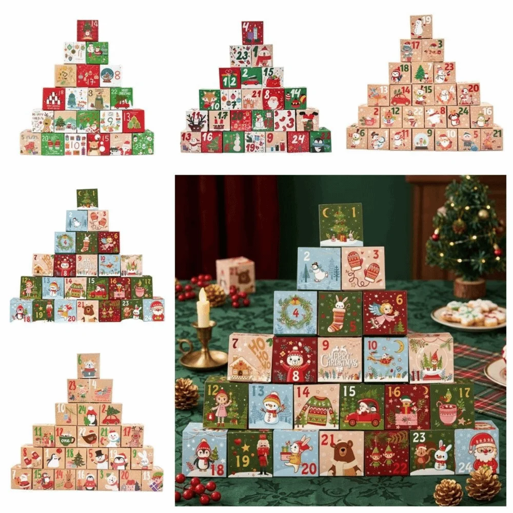 24pcs Mini Advent Calendar Boxes Vintage DIY 24-Days Countdown Paper Gift Boxes Snowmen Christmas Trees 4