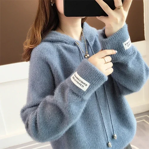 Knitted Hoodies Women 2022 Autumn Winter Korean Long Sleeve Sweater Hooded Sweatshirt Female Pullover Blue Knitwear Fuzzy Tops