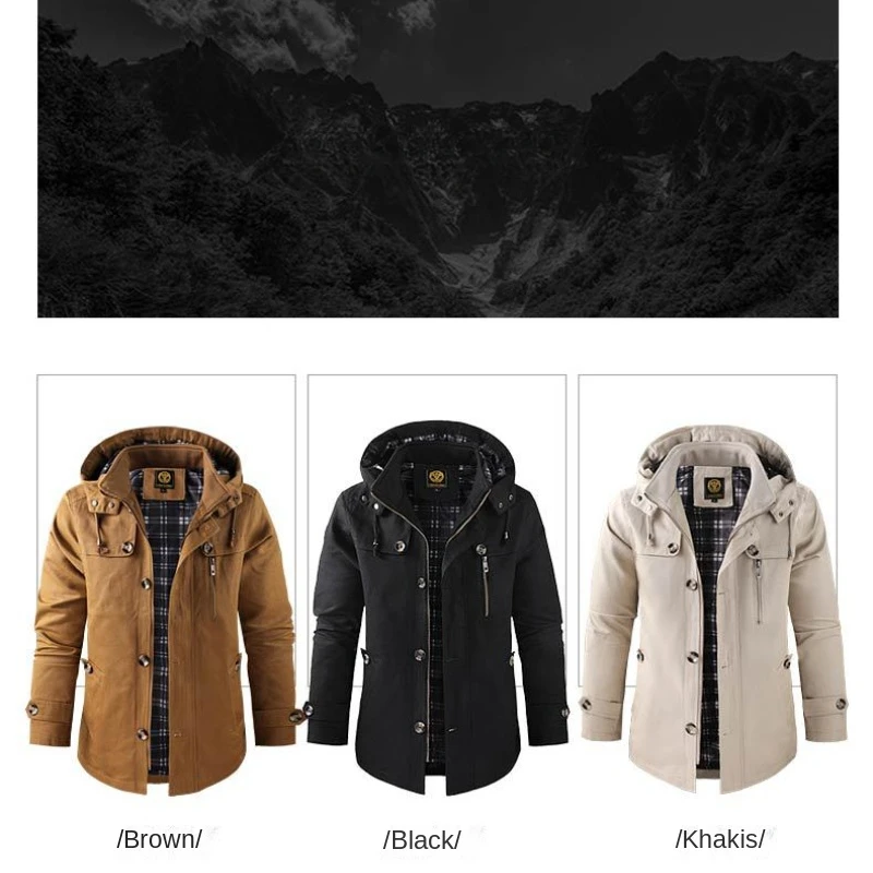 MaiDangDi Autumn Winter Mid Length Mens Hooded Jacket Men\'s Jacket Men Plus Size Windbreaker Workwear Hat Detachable Male Parkas