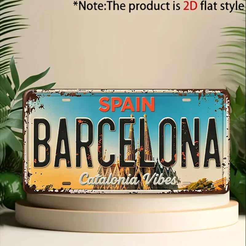 2D Plane - Only Decorative Items Available, 1pc, Vintage Barcelona Metal Decorative Plaque And Ornament, Rustic Style Wall De