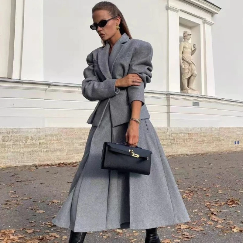 

TARUXY Slimming Suit Jacket Skirt Women's Suits Lapel Single-Breasted Long Sleeves Wrinkles Splicing Woolen Female Suit Autumn