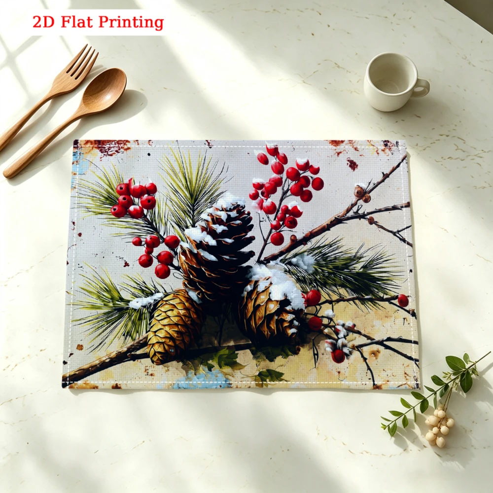 Pine Cones And Red Berries Kitchen Placemat Coaster Linen Pad Dish Coffee Cup Table Mat 30x40cm Home Decor