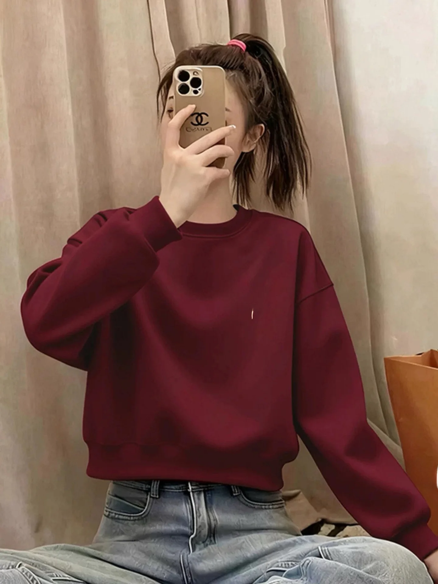 

Red Wine round Neck Oversized Fleece Lined Hoodie Women's Fashionable Versatile Winter Sweatshirt Year Lucky Year