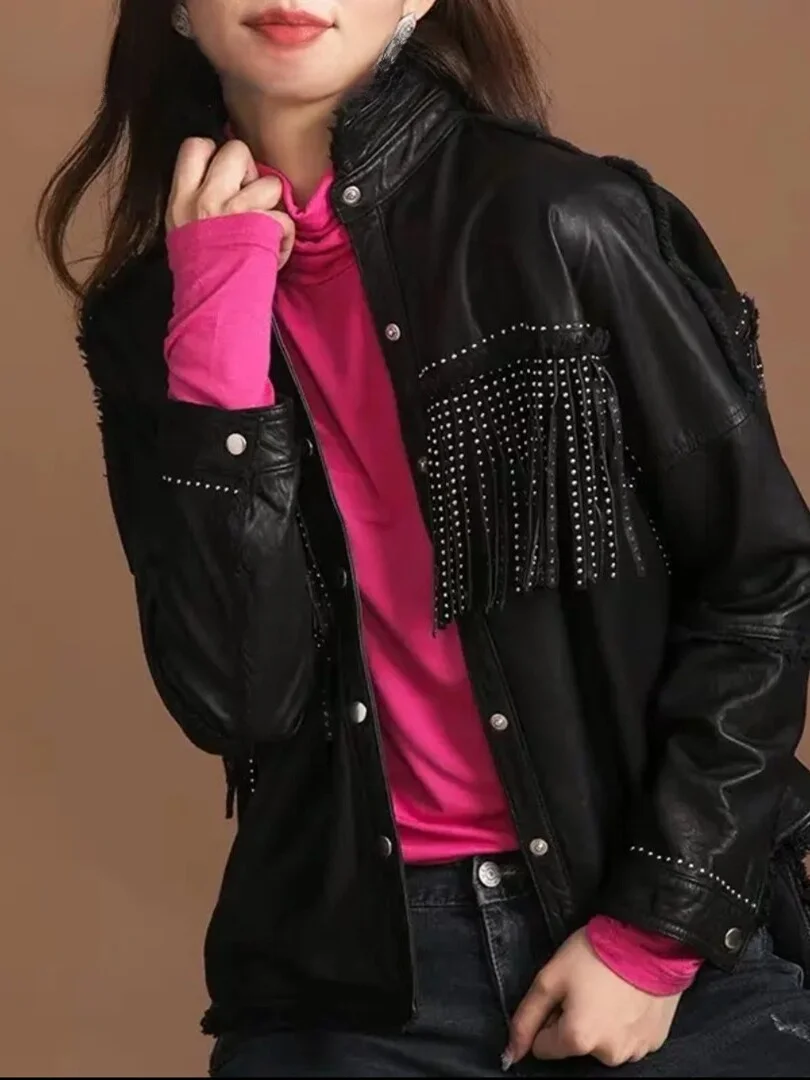 Rivetto fatto a mano in pelle ort Jaet Long Sve Colletto rovesciato Vera pelle eepskin Street Sle Slim Fit Primavera 2024