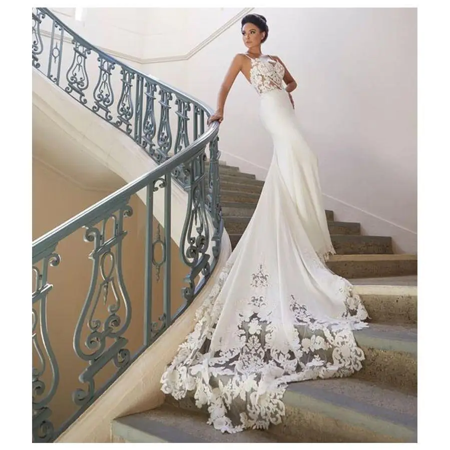 Stain Spaghetti Straps Mermaid Wedding Dress New Sexy Deep V Neck Backless Lace EmbroideryBridal Gowns Vestido Customized