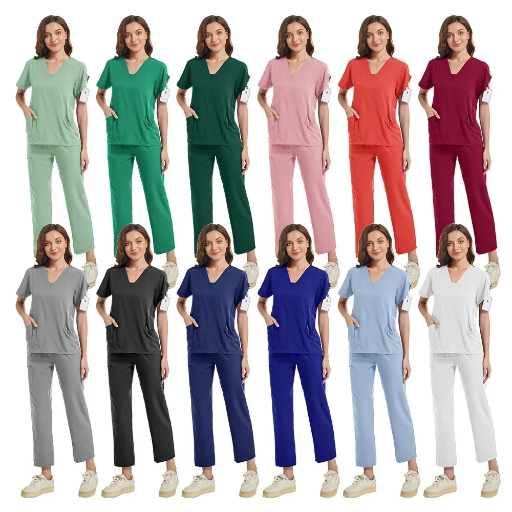 Men's and women's medical wear elastic basic scrub set Nursing uniform pocket top jogging pants Doctor's surgical accessories