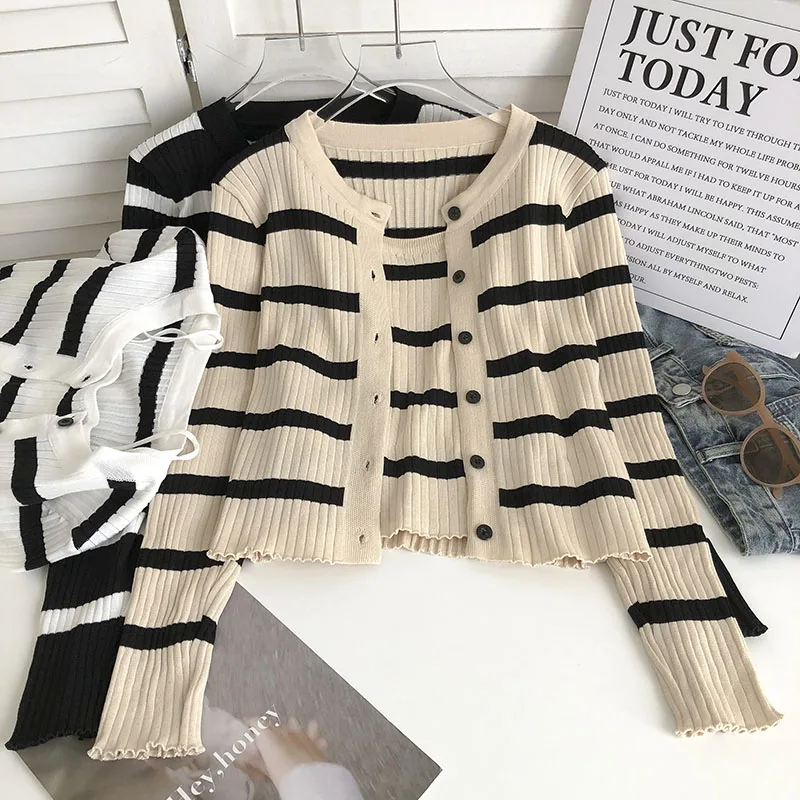 Women\'s Striped Knitting Cardigan Single Breasted Long Sleeved Sweater+Spaghetti Straps Vest Spring Autumn Korean Top 2pcs