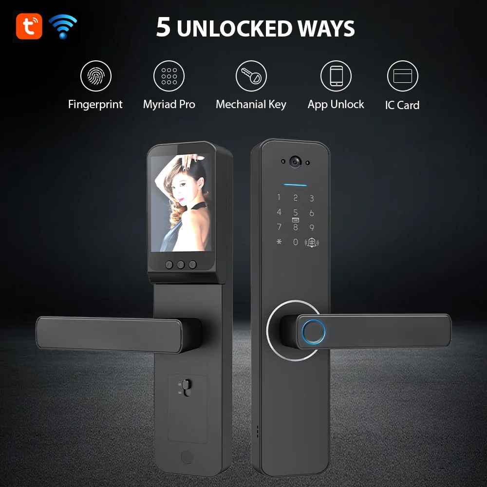 Smart Lock with 120° Wide-angle Camera and Smart Doorbell Keyless Entry Door Lock Handle Aluminum Alloy Biometric Door Lock