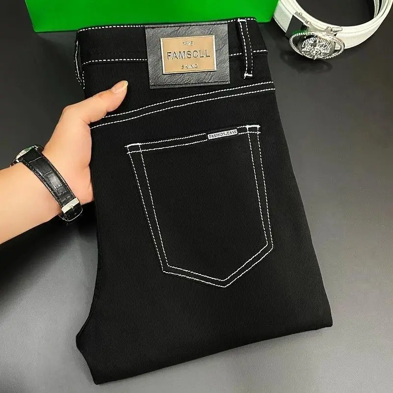 High Waist Black Denim Jeans Men's Fashionable Elastic Slim Fit Pants Versatile Long Trousers Youth Trendy Wear Resistant