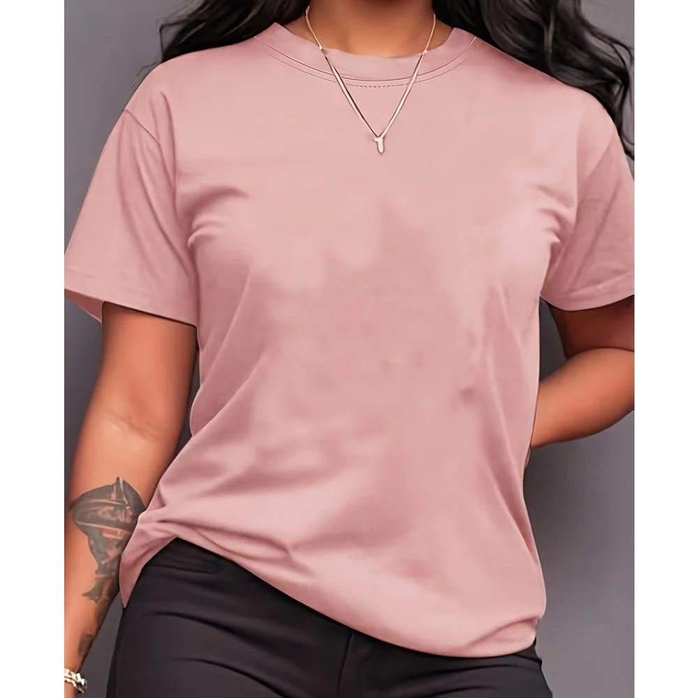 

Повседневный однотонный топ с круглым вырезом для женщин, базового стиля, с умеренной эластичностью, подходит для всех сезонов, для повседневной носки и отдыха.