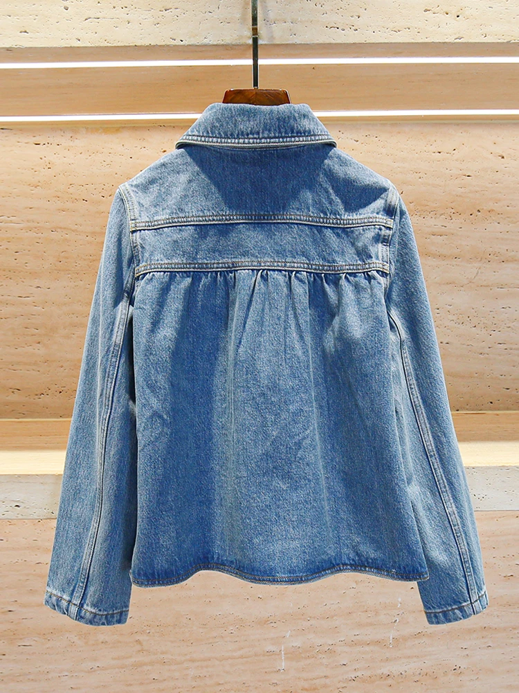 High-End Retro Waed Doll Kraag Denim irt Dames Top South Oil Premium Herfstcollectie Woon-werk Sle Loose Fit Lange Sl...