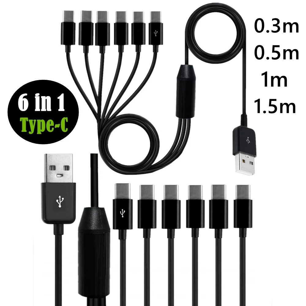 6 4 in 1 USB 2.0 Type A Male to 2 3 4 6 type-c Male Splitter Y Fast Data Sync Charge Connector Adapter Cable 0.5m 0.3m 1m 1.5m