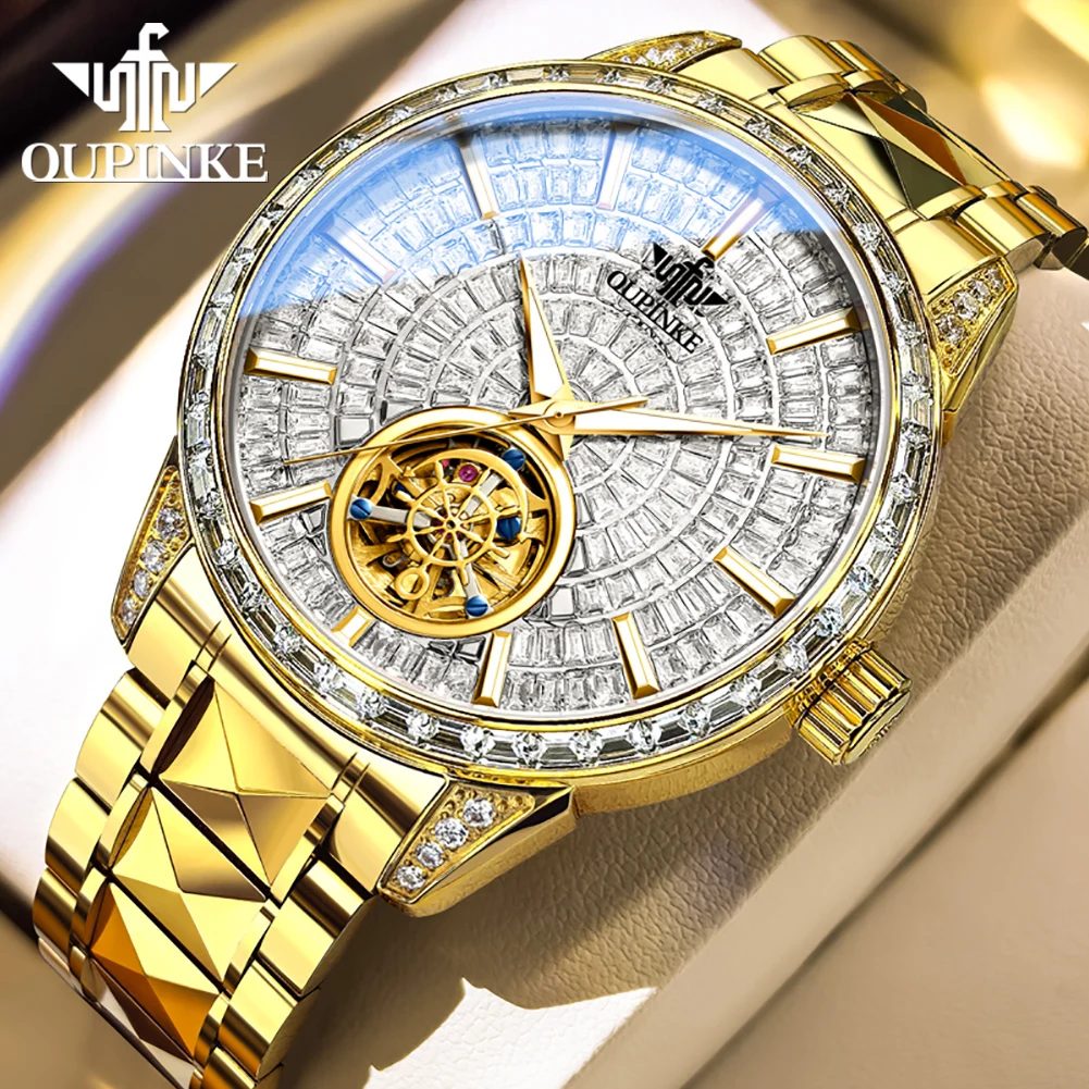 OUPINKE 3321 Full Diamond Men's Watch Luxury Top Brand Original Tungsten Steel Skeleton Flywheel Automatic Mechanical Man Watch