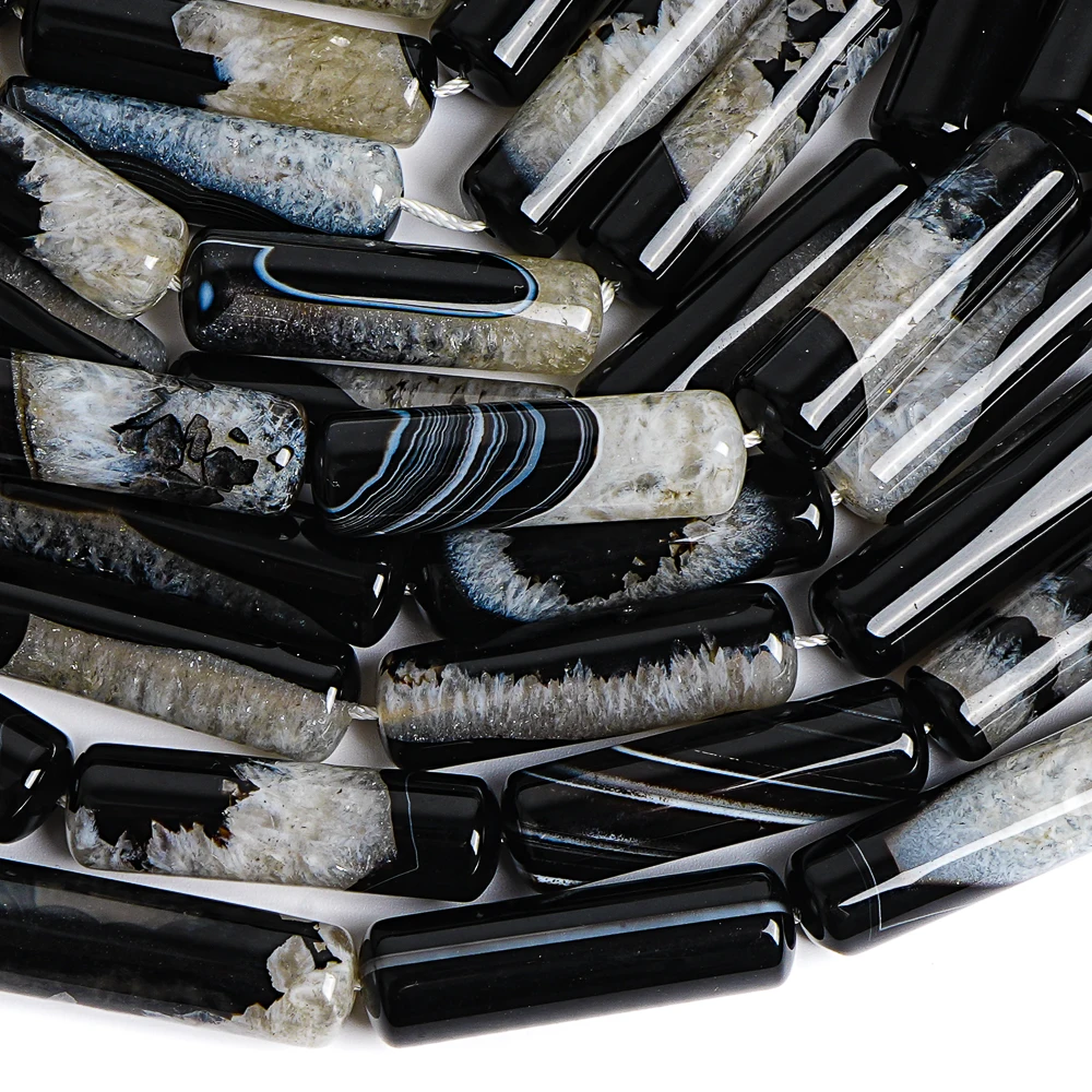 25x25x7mm Black White Cylinder Agate Loose Beads Natural Agate Stone for DIY Jewelry Making Crafting Bracelet Necklace Supplies