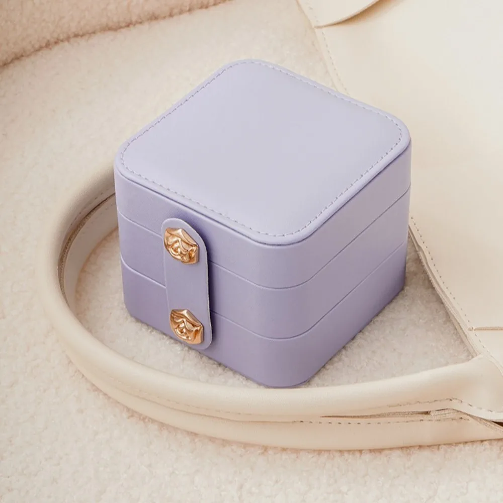 Simple Flower Buckle Jewelry Packing Bag Double Layer PU Leather Earring Storage Case Mini Square Ring Holder Travel