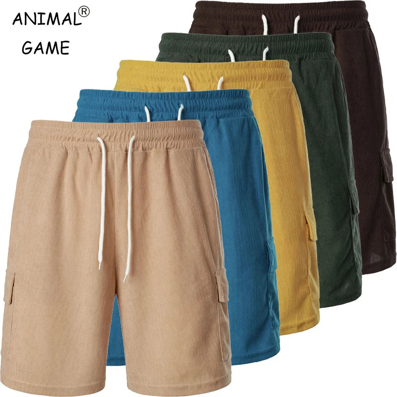 

New Men's Drawstring Waist Casual Shorts Summer Straight Leg Beach Shorts with Pockets Breathable Corduroy Pants Streetwear