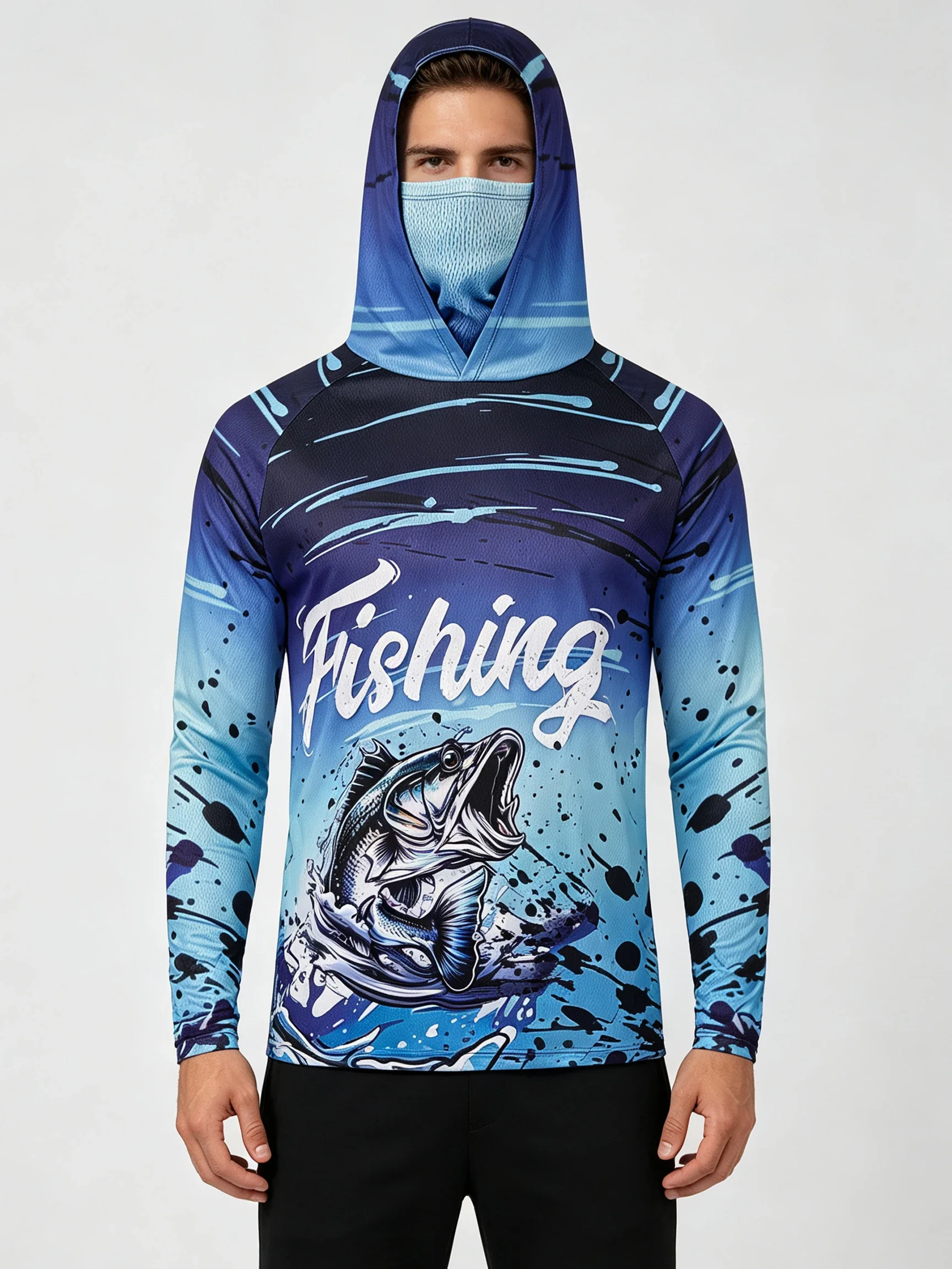 Mens Fishing Hooded Shirt UPF50 Sun Protection Face Cover Long Sleeve Bass Camo Print Quick Dry Outdoor Lake Hiking Lightweight