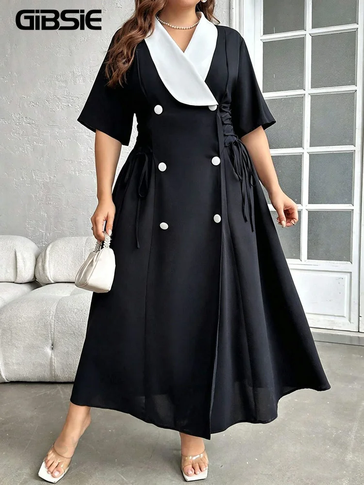 

Платье GIBSIE Plus Size в винтажном стиле с контрастными вставками, двубортное, женское, лето 2026, элегантное, с завязками, с завышенной талией, А-силуэт, длинное, для вечеринок