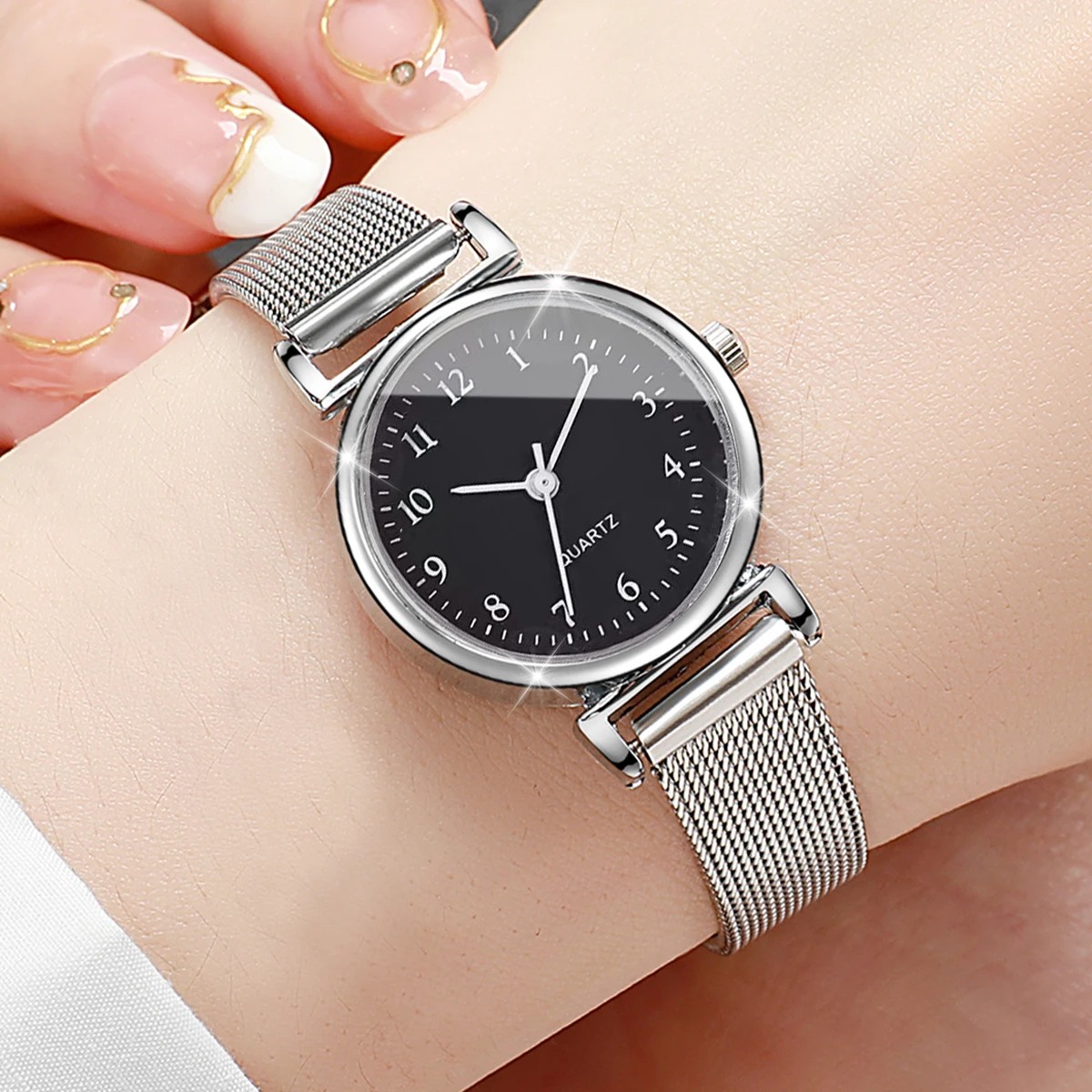 6 sztuk moda damska zegarki mała arabska tarcza zegarek kwarcowy damski srebrny pasek z siatki zegarki na rękę biżuteria Reloj Mujer (bez pudełka) — zdjęcie 5