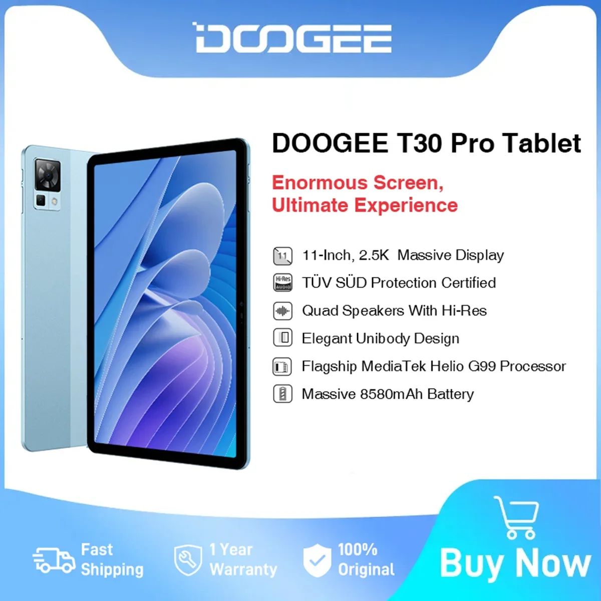 تابلت DOOGEE-T30 برو ، 8 جيجابايت + 256 جيجابايت ، هيليو G99 ، كاميرا رئيسية 20 ميجابكسل ، سماعات رباعية ، 11 بوصة ، 2.5K ، سفينة توركش ، شاشة عرض معتمدة باللون الأزرق ، 8580 مللي أمبير/ساعة