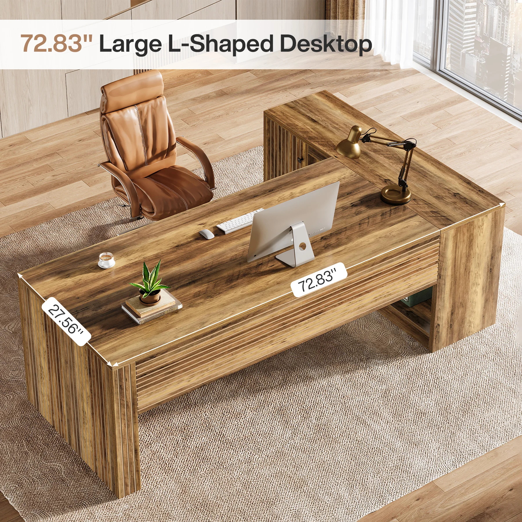 Tribesigns مكتب تنفيذي كبير مقاس 72.8 بوصة مع خزانة 47.24 بوصة، مكتب مكتب مع أرفف تخزين، مكتب خشبي على شكل حرف L للمزرعة