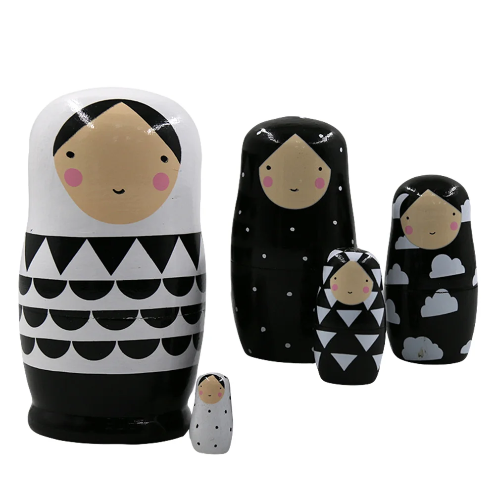 5-teiliges russisches Matroschka-Ornament in Schwarz und Weiß, Nesting-Kinderspielzeug aus Holz, Kinderdekorationen für Kinder