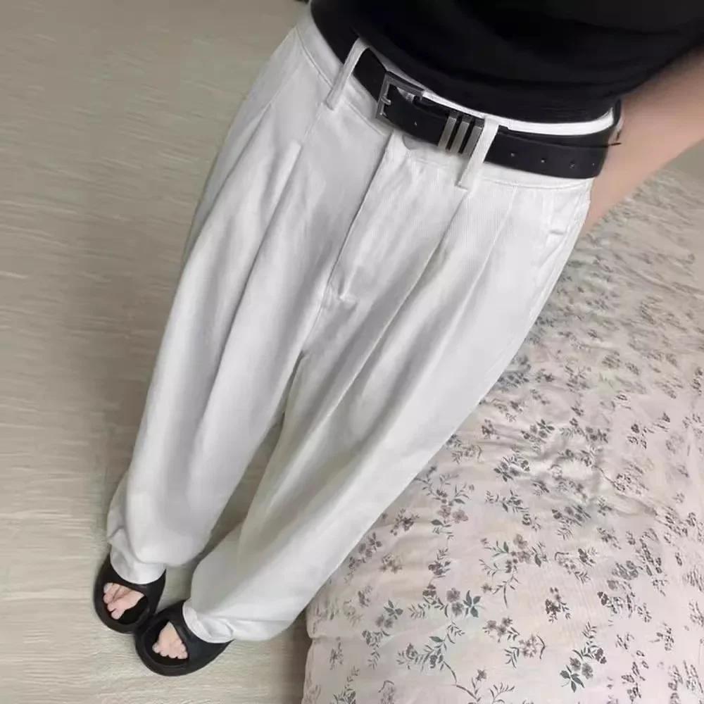 Vintage High-waisted Wide-leg White Jeans For Women Slimming Draped Straight-leg Pants Flattering Pear-shaped Trousers Trendy