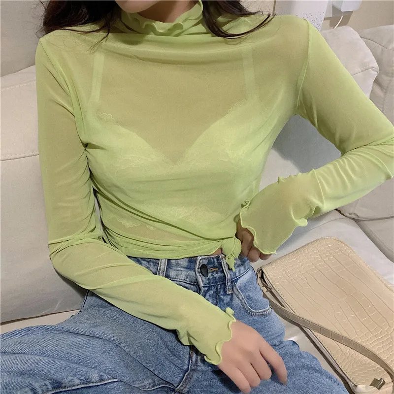 New Girls Mesh T Shirts Tees Female Spring Summer Transparent Full Sleeve Turtleneck Thin Shirt Tops Undershirts Women