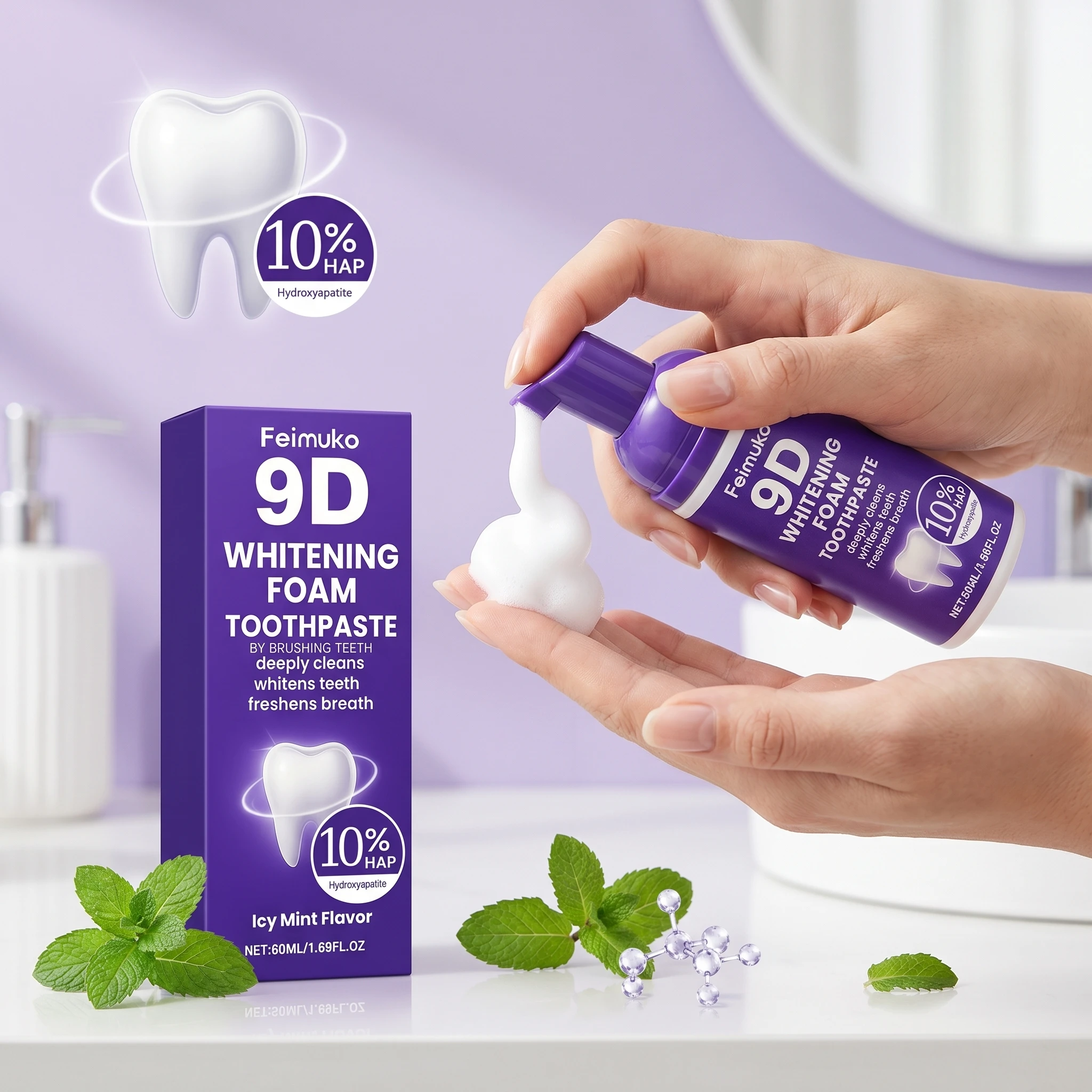 Mousse dentifrice blanchissante : Nettoyage en profondeur, élimination des taches de plaque dentaire, éclaircissement des dents jaunies, haleine fraîche, soin d'hygiène buccale