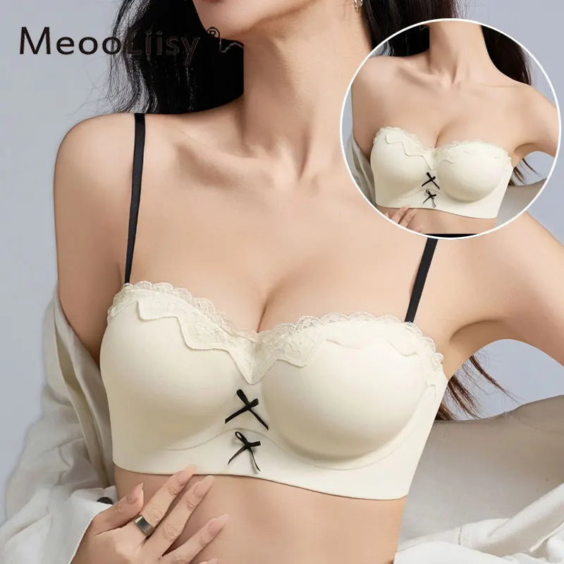 

MeooLiisy Sexy Lace Half Cup Strapless Invisible Bra for Women Thin Cup Push Up No Wire Underweawr Anti-sagging Brassiere