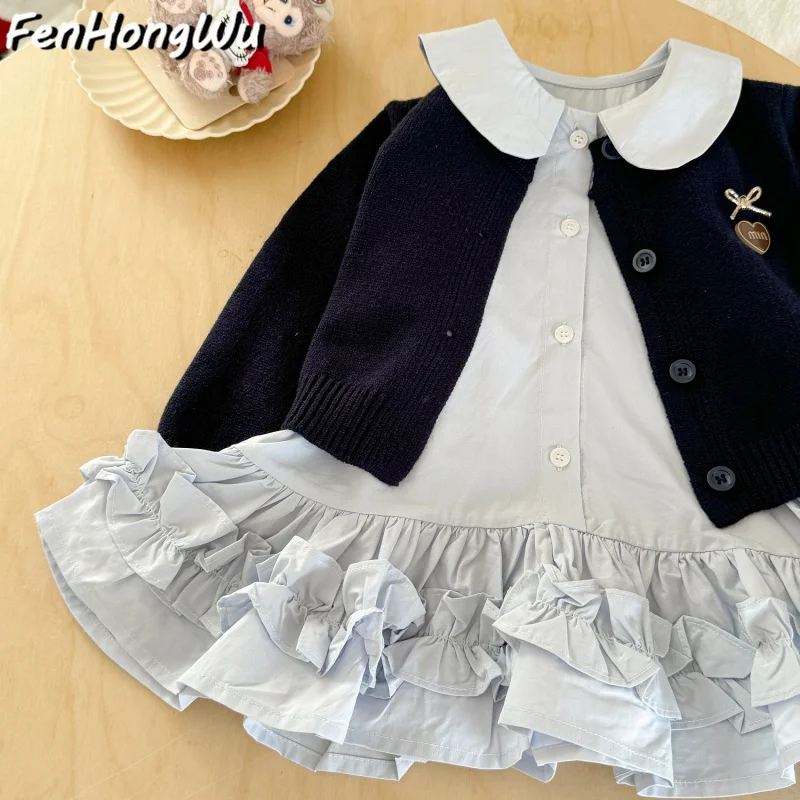 

Girls' Autumn Outfit Set New Navy Knitted Sweater Baby Shirt Skirt Fashion Two-Piece Set