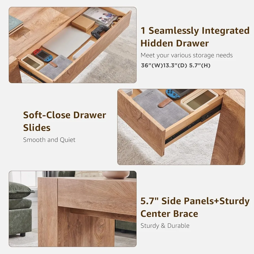 48" Modern Farmhouse Coffee Table, Wooden Living Room Table with Hidden Storage Drawer, Rustic Rectangular Center Tables w/W