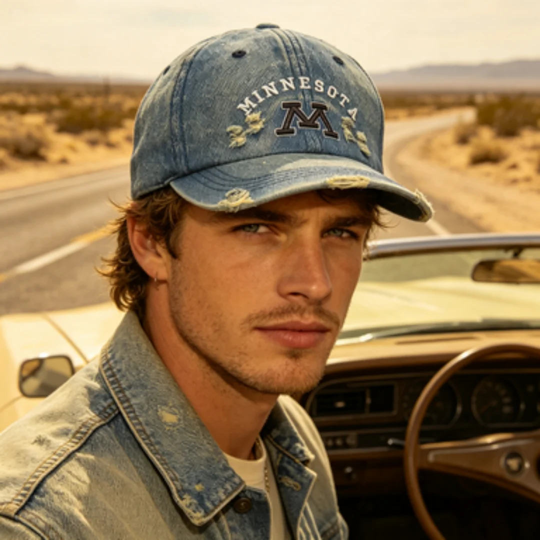 Vintage Distressed Minnesota M Embroidered Denim Baseball Cap Washed Adjustable Dad Hat for Men Women