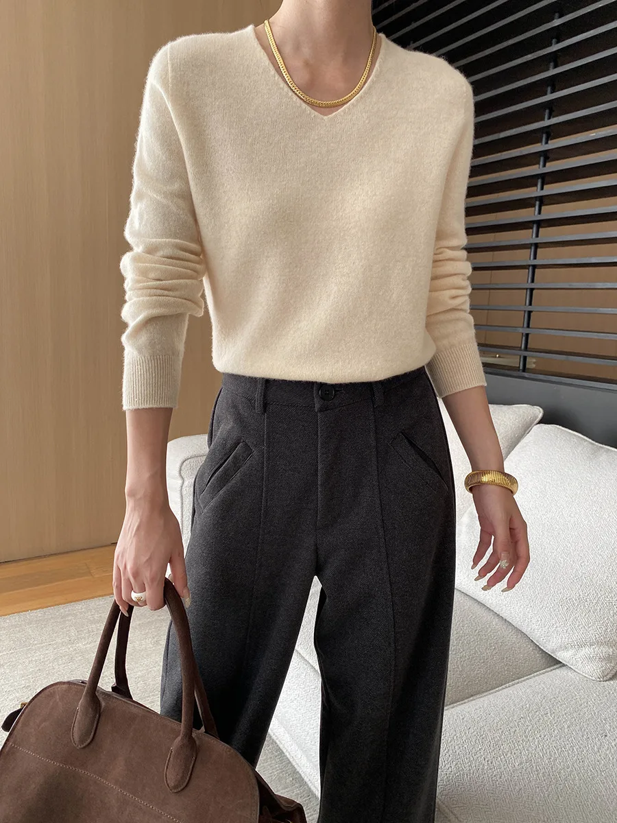 Seamless V-neck Wool Loose Fit Slimming Knitted Sweater 2024 Autumn Winter Warm Pullovers