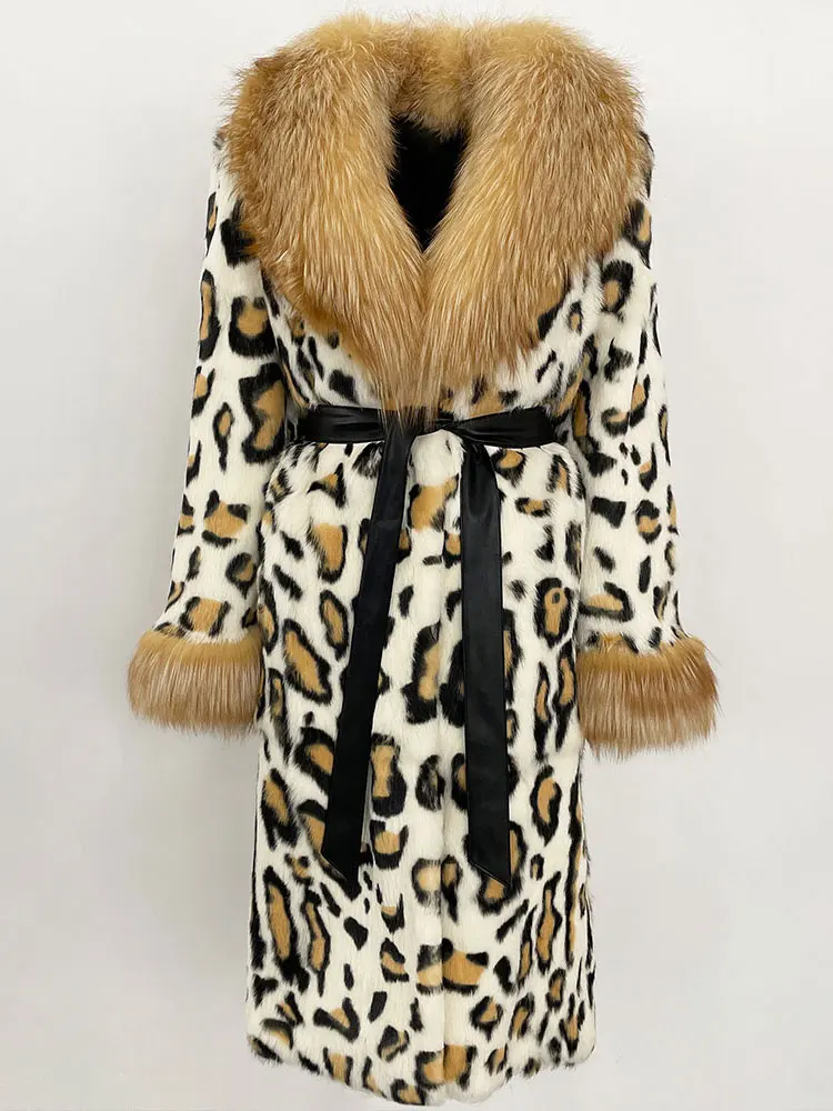 

2025 New Autumn Winter Natural Rabbit Fur Jacket Long Real Fox Fur Collar Coat Female Women Leather Belt Clothing Lady