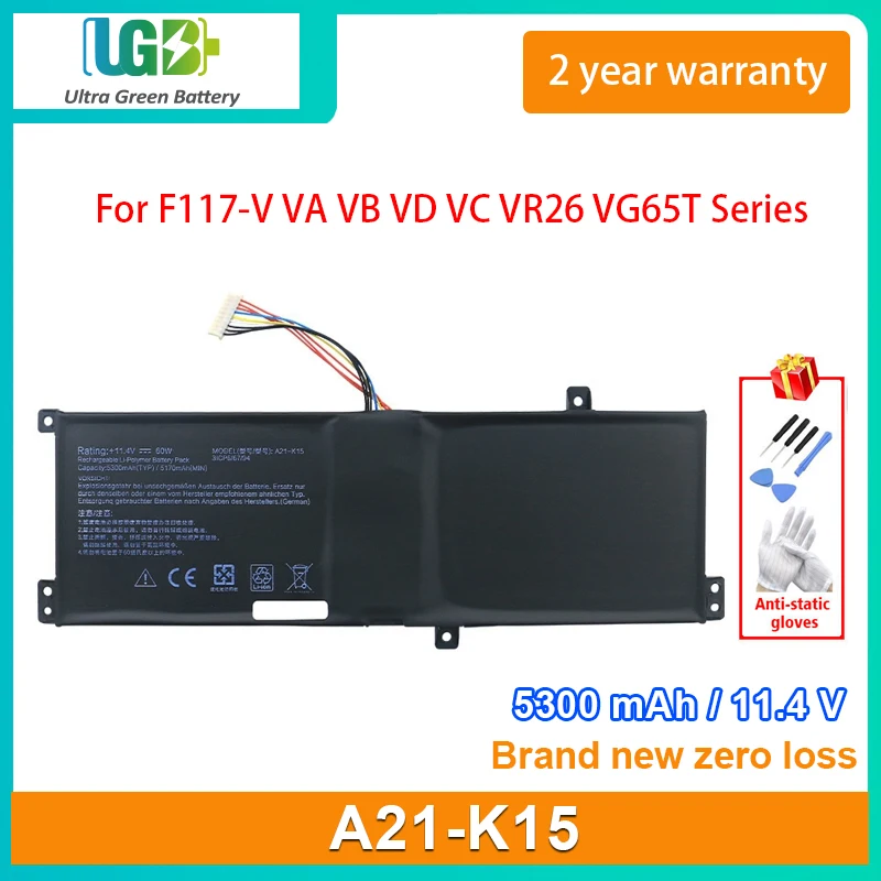 

UGB New A21-K15 Laptop Battery For Getac Machenike F117-V65 F117-V VA VB VD VC VR26 VG65T G15G Akoya K15 PC6OK 11.4V