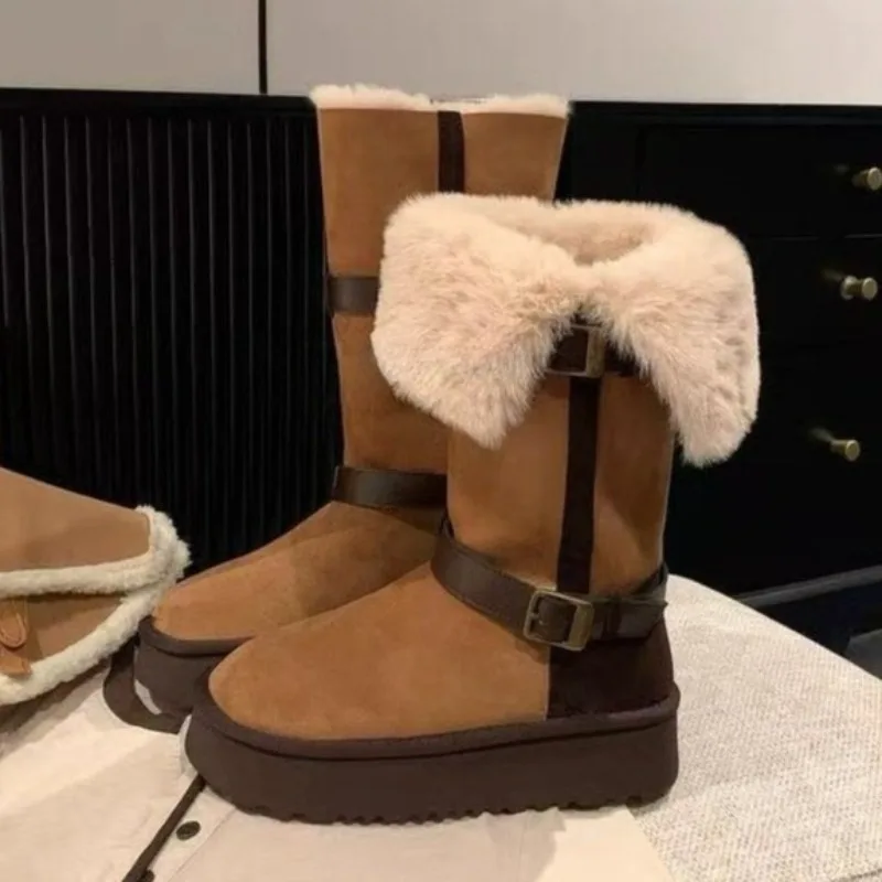 

Hot Selling Fur All-in-One Snow Boots 2025 Winter New Round Toe Spliced Fleece Thickened Tall Cotton Boots
