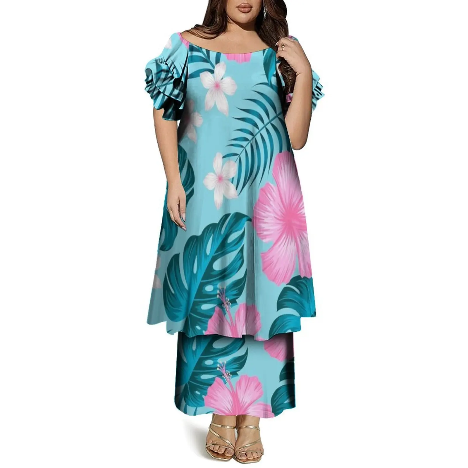 Puletasi Custom-Made Loose Casual Dress For Polynesian Women With Floral Patterns And Round-Neck Butterfly Sleeves