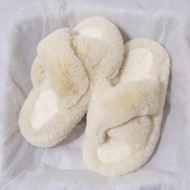 ZUOFU Damen Flauschige Pantoffeln mit Kreuzriemen, Herbst Winter, 4cm Plateau, EVA-Sohle, Warme Rutschfeste Indoor-Hausschuhe – Detail 2