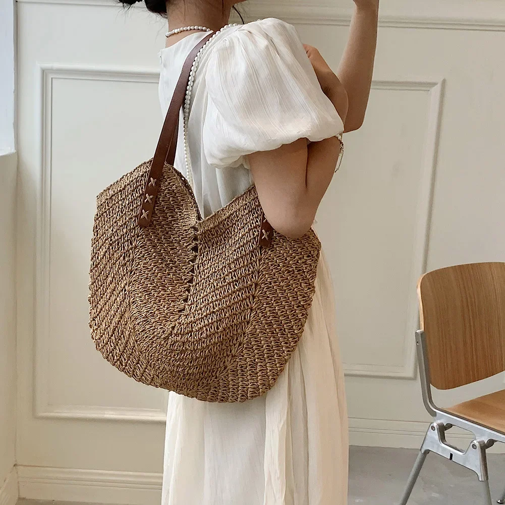 Luxury Women Straw Shoulder Bags Summer Straw Bag Rattan Woven Top Handle Hollow Raffia Crochet Beach Bag Casual Tote Handbags